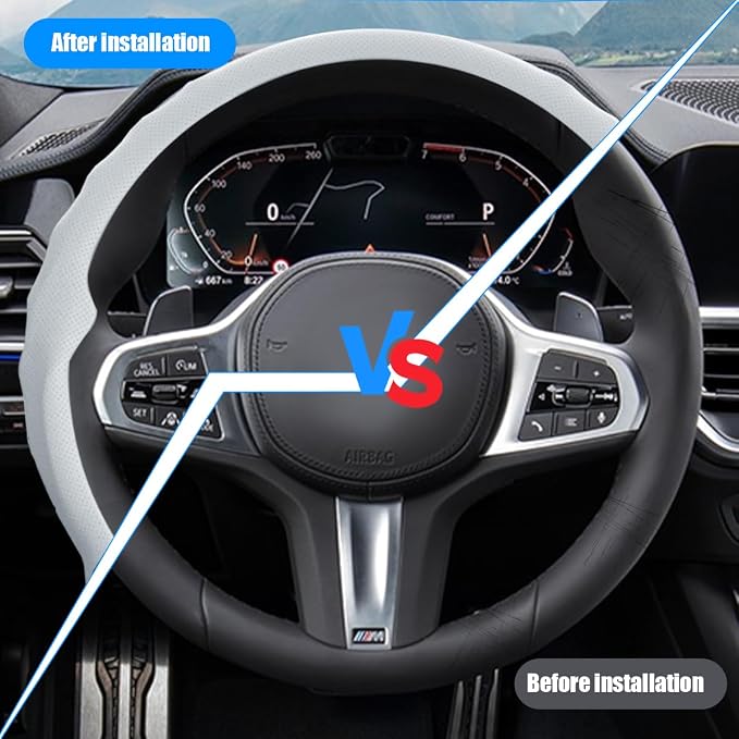 Car Steering Wheel Cover, 15 inch Nappa Leather Anti-Slip & Ultra-Thin 5D Vehicle Steering Wheel Protector, Breathable Automotive Interior Accessories, Universal Fit (White)