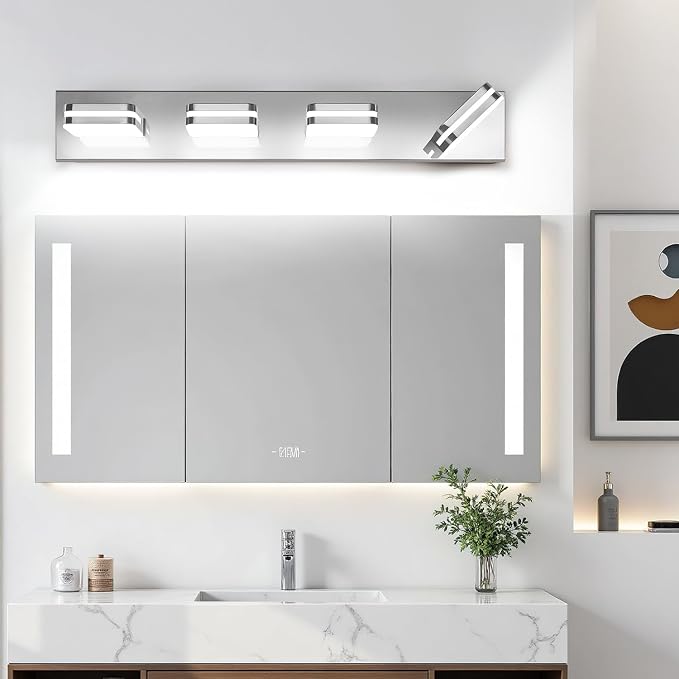 Torondo 360° Rotate LED Bathroom Vanity Light Fixtures, Acrylic Vanity Lights for Bathroom, Modern Wall Lighting Fixtures Over Mirror Living, Chrome, Natural White, 4-Light, 27-Inch