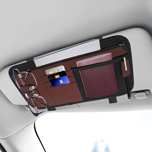 Car Sun Visor Organizer, PU Leather Automotive Visor Storage Pouch Holder with Multi-Pocket, Vehicle Interior Organizer Accessories for Sunglasses, Pen, Key, Phone, Cards, License(Red)