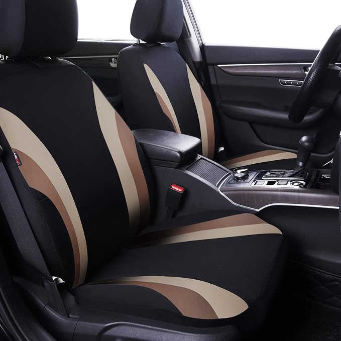 CAR PASS Line Rider Sporty Cloth 11PCS Universal Fit Car Seat Cover -100% Breathable with 5mm Composite Sponge Inside,Airbag Compatible,3zipper Bench(Full Set, Black and Beige)