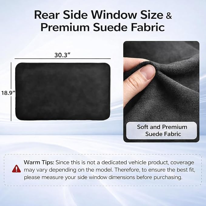 XCBYT Rear Car Window Shades, 100% Blackout Soft Suede, 2 Pack | Premium suede, metal frame fit, 100% full blackout & privacy protection for baby naps, camping & road trips (30.3x18.9")