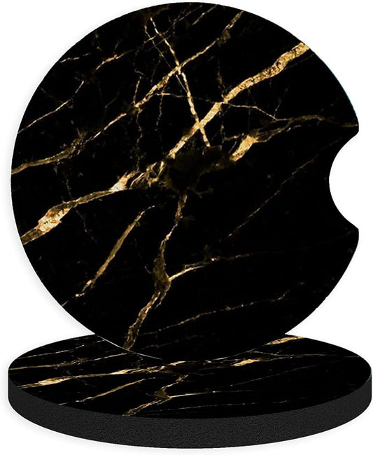 2pcs Black Marble Pattern Car Coasters,Absorbent Universal neoprener Cup Holder Coasters with a Finger Notch,Car Accessories for Women&Man Interior，2.75"