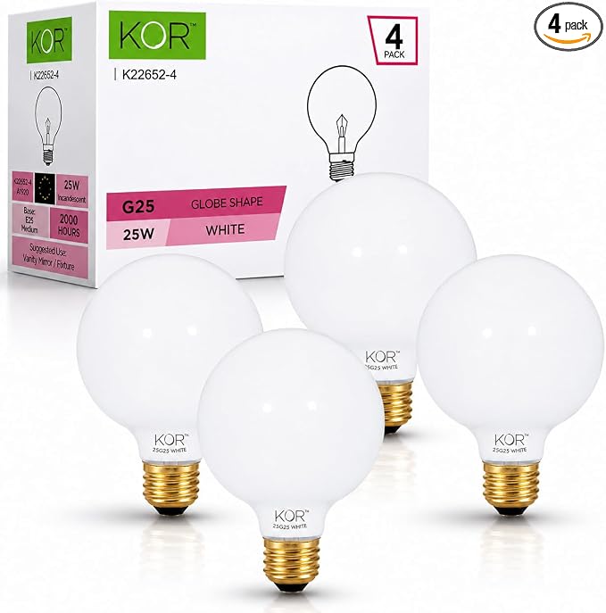 (4 Pack) G25 Incandescent Incandescent Light Bulb 2700K Soft Light, Decorative Globe Light Bulbs,E26 Medium Base, Perfect for Pendant Bathroom/Vanity Mirror Makeup, Dimmable. (White-Finish, 25-Watt)