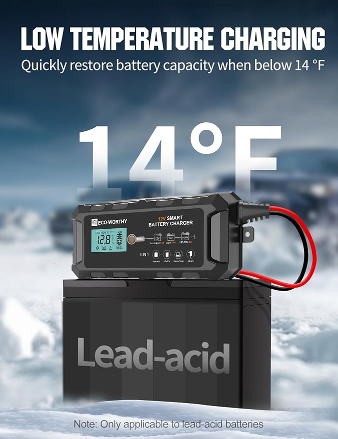 ECO-WORTHY 10A LiFePO4 Battery Charger 12V, Smart Lithium Battery Charger & Maintainer, Trickle Charger and Desulfator for Lead Acid, RV, Car, Motorcycle, Marine, Boat