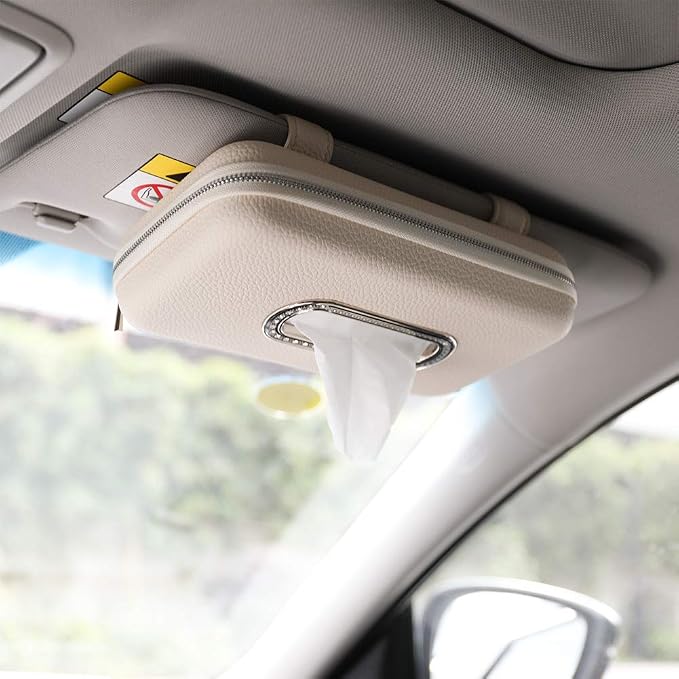 Car Tissue Holder, Sun Visor Napkin Holder, Car Visor Tissue Holder, Luxury PU Leather Backseat Tissue Case Holder (Beige)