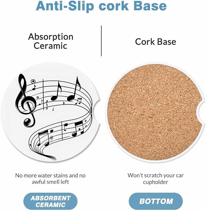 Music Notes Car Cup Holder Coaster 2 Pack Absorbent Ceramic Car Coasters for Cup Holders Car Accessories Interior for Women Men Universal Anti Slip Cork Base Cup Coasters with Finger Notch