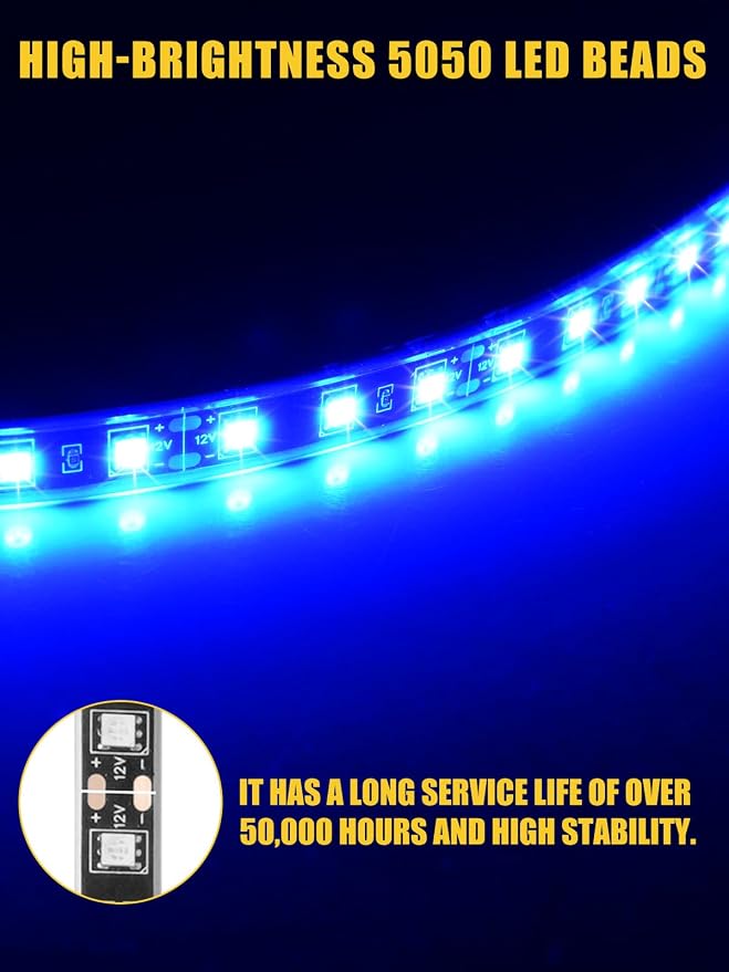 Car LED Strip Lights IP68 Waterproof Cuttable 24inch Blue 4 Pcs | 12V Footwell & Underbody Lights, 5050 SMD Beads, Interior & Exterior Light, Fits SUVs, Trucks, Motorcycles, Boats, Golf Carts