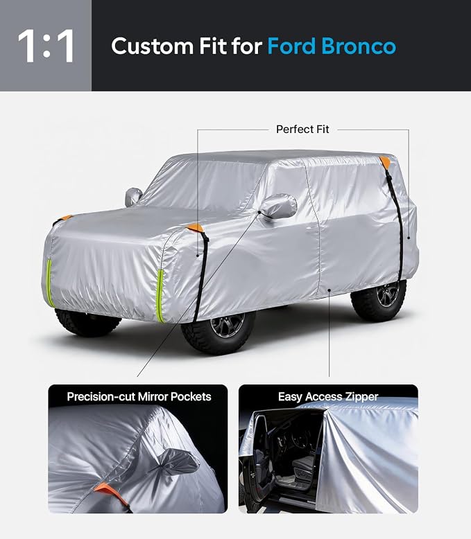 Wigoo Ford Bronco 4-Door Car Cover Accessories 2021-2026, Custom Fit Waterproof All Weather Outdoor Indoor Full SUV Cover, Windproof Sun UV Rain Snow Dust Protection, Door Zipper, Reflective Strips
