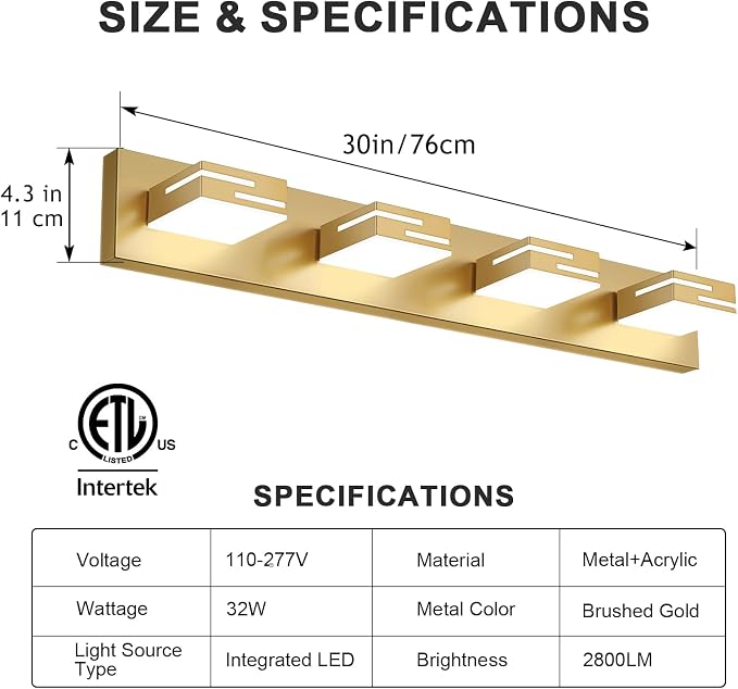 LED Modern Bathroom Vanity Light Fixtures, Dimmable Gold Vanity Lights for Bathroom Lighting Fixtures Over Mirror, with 360° Rotatable Heads 4-Light 30-inch (Cool White 6000K)