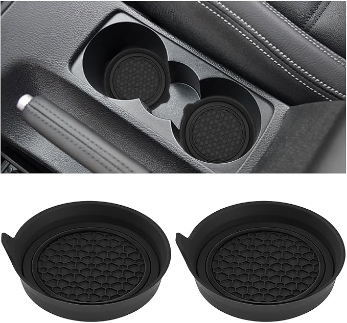 HZEL Car Cup Holder Coasters, 2PCS Non Slip Waterproof Vehicle Water Bottle Pads, Recessed Automotive Drink Mat Decoration Accessories, Universal Fit (Black)