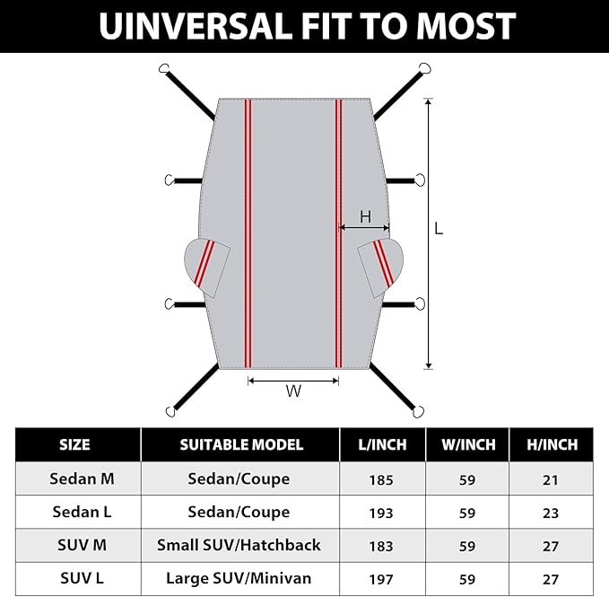 Half Car Cover for Snow, Car Roof Cover for All Weather Protection with Red Strip Design, Fit Small/Compact Sedan Such As Audi A4, Toyota Corolla