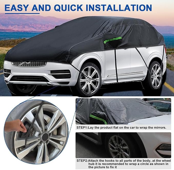 Universal SUV MPVHalf Car Cover Waterproof All Weather, Hail Protector Car Body Covers Outdoor Indoor for All Season Windproof Dustproof UV Resistant Snowproof Protect Your Windshield and Roof