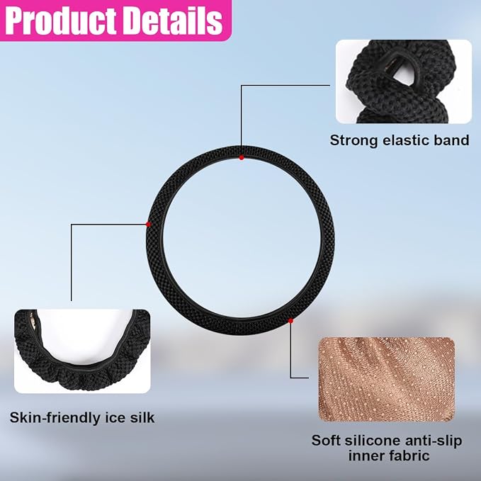 Elastic Stretch Steering Wheel Cover, Anti-Slip, 15inch, Black | Microfiber Odorless Breathable Ice Silk Car Steering Wheel Protector, Easy Carry, Warm in Winter & Cool in Summer