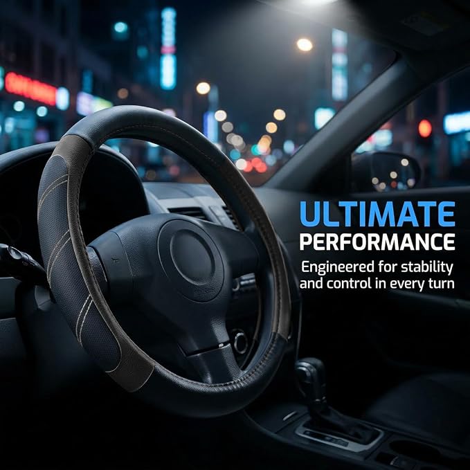 Osilly Car Steering Wheel Cover, 14.5-15" Leather Breathable Anti-Slip Stylish Steering Wheel Protector, Comfortable Auto Interior Decoration Accessories, Universal for SUV Van Truck (Black)