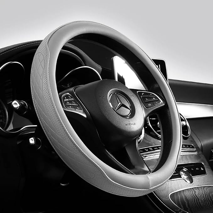 Gray Steering Wheel Cover, Modern Perforated Synthetic Leather with Odorless Rubber Inner, Universal Non-Slip Fit for a Sleek and Clean Car Interior (Gray)