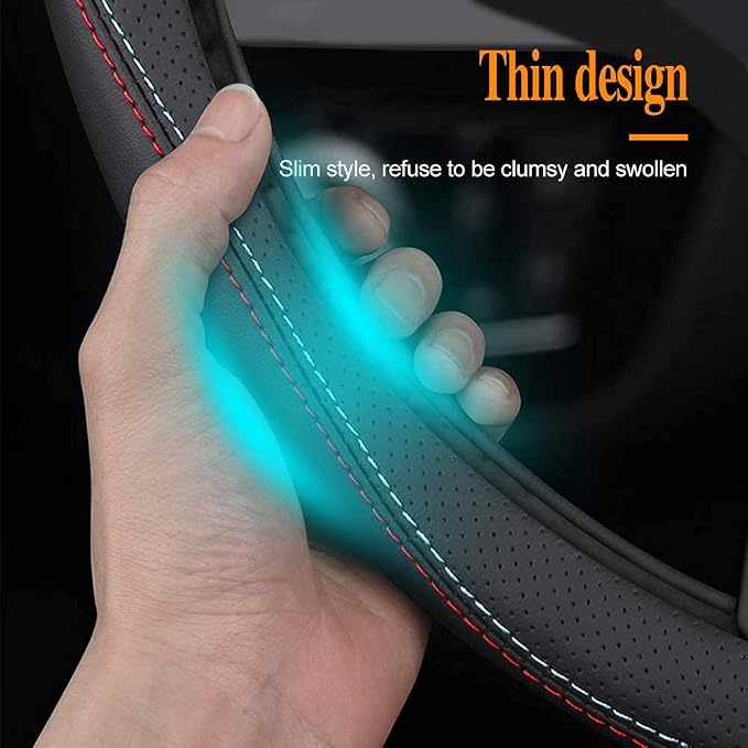 Carodi Latest Nappa Leather car Steering Wheel Cover, Stylish Non-Slip Leather car Interior 15 inches Universal (D-Shape,Black)