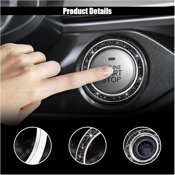 GLSOWEE Car Bling Crystal Rhinestone Engine Start Decoration Ring, Ring Start Button Cover Sticker Key Ignition & Knob Ring Decoration, Bling Car Interior Accessories for Women (Black)