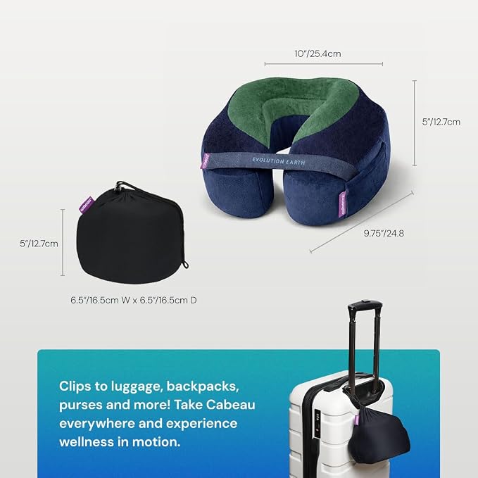 Cabeau Softest Neck Pillow Ever for Travel – Evolution Earth Deluxe – 360° Head, Neck and Chin Support for Sleeping – Sustainable Memory Foam - Buttery Soft Fabric with Compact Carrying Case (Water)