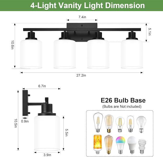 MOKATNG 4-Light Bathroom Light Fixtures, Vanity Light with Milky White Shades, Matte Black Bathroom Light Fixtures Over Mirror, Modern Bathroom Wall Lamp for Mirror Living Room Cabinet Bedroom