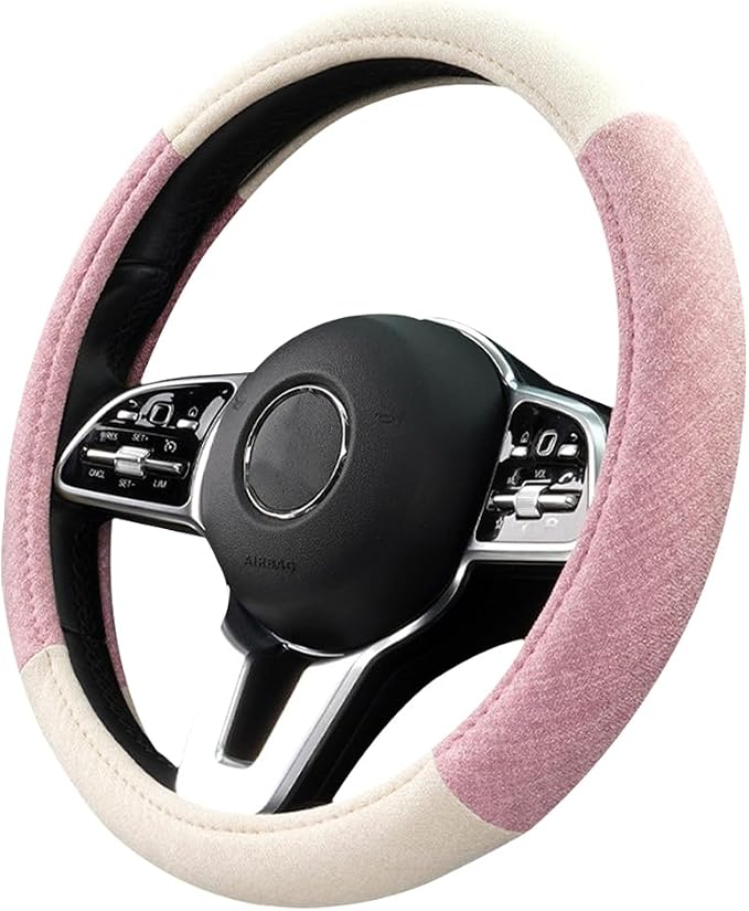 Car Steering Wheel Cover, Breathable Comfort Grip Vehicle Steering Wheel Wrap with Inner Ring, Automotive Interior Protective Accessories, Universal Fit (Pink)