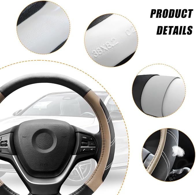 Zpana Car Steering Wheel Cover, 15 Inch Carbon Fiber Leather Non-Slip Steering Wheel Protector with Lining, Breathable Automotive Interior Accessories, Universal for SUV RV Truck (Beige)