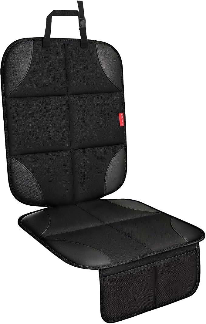 Car Seat Protector, Thick Padding and Upgraded Non-Slip Backing, 600D Waterproof Fabric Child Car Seat Cover with Mesh Pockets, No Imprints, Universal Fit for Car SUV Truck (Black 1pc)