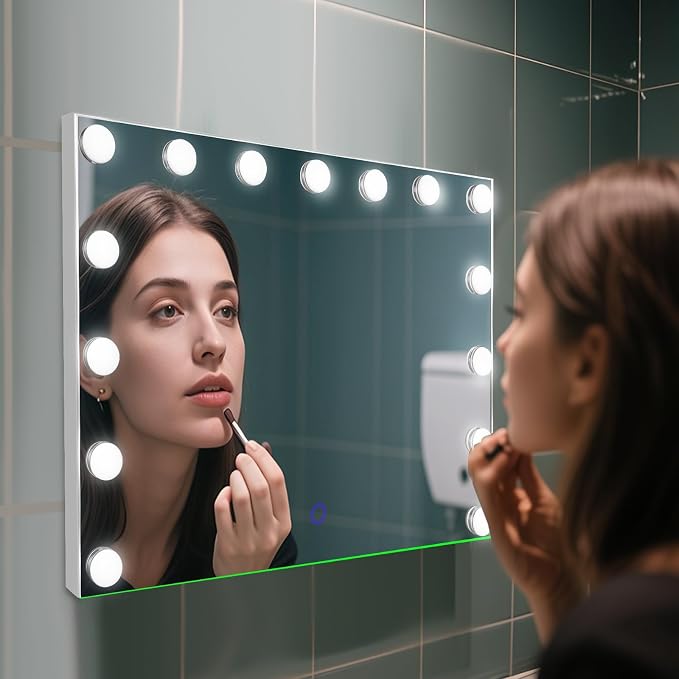 Hollywood Vanity Mirror with Lights, 23"x18" Lighted Makeup Mirror with 10x Magnification for Desk/Wall Mount, 15 Led Bulbs, 3 Lighting Modes for College Dorm, Bedroom, Dressing Room
