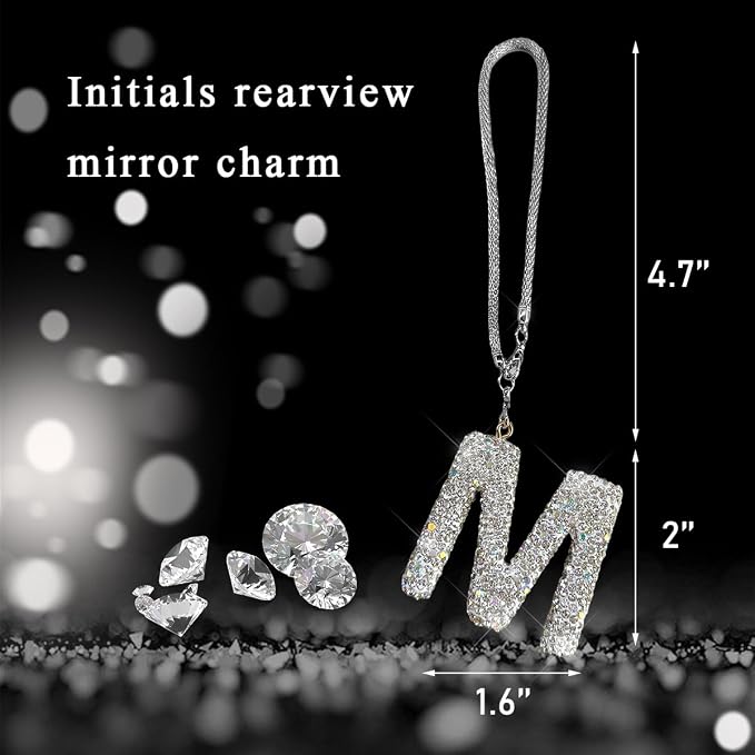 DXNQ Bling Initial Car Rear View Mirror Ornament, Crystal Sparkling Cute Letter Charm Pendant Auto Decor, Hanging Lucky Diamond Initial Charm Car Mirror Bag Ornament for Girl Women (Letter M)