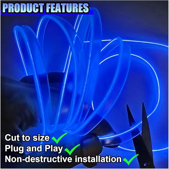 ZIMISI EL Wire Car Interior LED Strip Lights, Neon Light Strip (Blue) | 5V 16FT Car Ambient Lighting Decorations with Sewing Edge, USB Electroluminescent Car Interior Lights with Fuse Protection