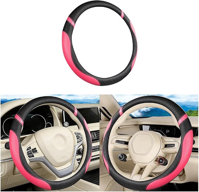 Car Steering Wheel Cover, Leather Anti-Slip Stretch Breathable Vehicle Steering Wheel Protector, Automotive Interior Protection Accessories for Men Women, Universal Fit (Black/Rose Red)