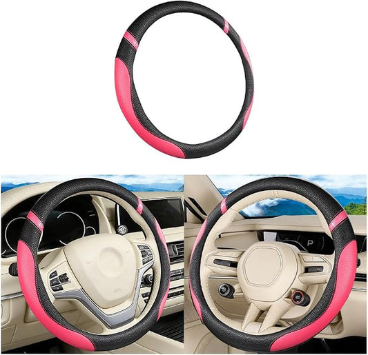 Car Steering Wheel Cover, Leather Anti-Slip Stretch Breathable Vehicle Steering Wheel Protector, Automotive Interior Protection Accessories for Men Women, Universal Fit (Black/Rose Red)