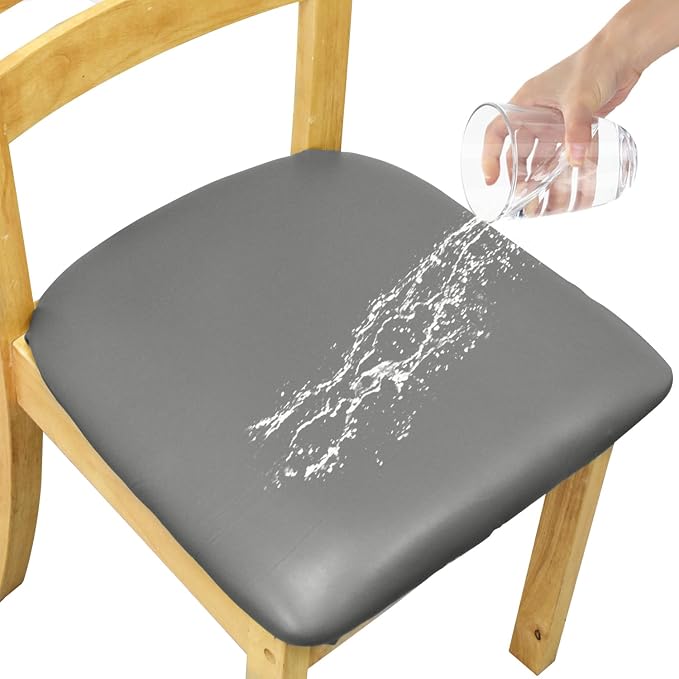 Leather Stretch Chair Seat Covers with Elastic Ties,Waterproof Dining Room PU Leather Chair Cover Seats,Removable Washable Chair Protector Seat Cushion Slipcovers for Home,Kitchen (Gray, 2 PCS)