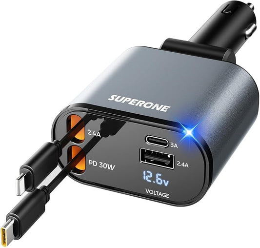 [Upgraded] SUPERONE Retractable Car Charger 4 in 1 Fast Car Phone Charger | USB C and Apple Multi Car Adapter with Cord 2.6ft, Compatible with iPhone 17 16 15/15 Pro Max/14/13/12/11, Galaxy, Pixel