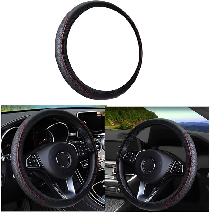 Leather Car Steering Wheel Cover, Elastic, Breathable Anti-Slip, Universal 15 inch, Steering Wheel Cover for Men Women (Black/Red)
