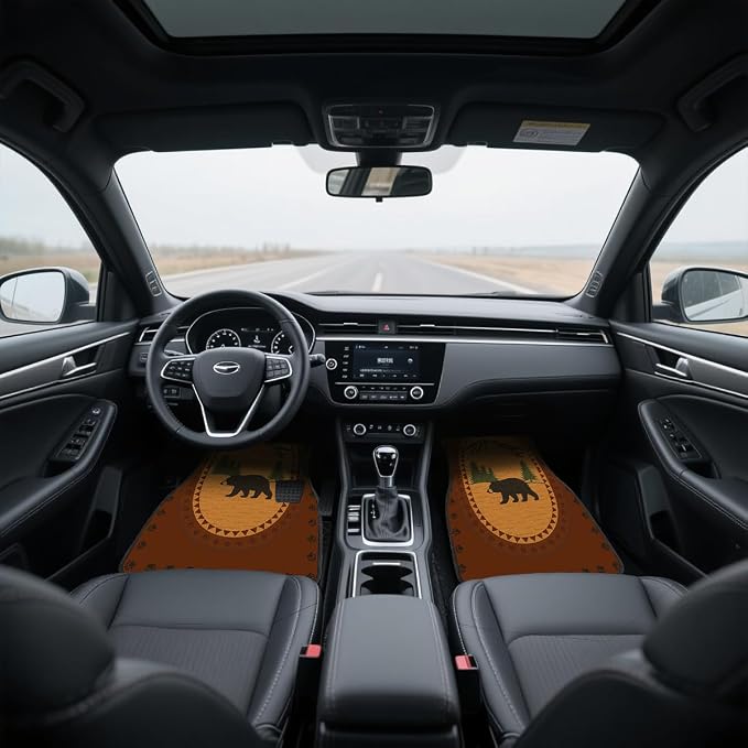 Bear Car Floor Mats Rustic Mountain Pine Forest Cabin Carpet Front Rear Carpets Mat Decorative Car Floor Carpets Non-Slip Auto Car Accessories Universal Fit for Car SUV Truck Van