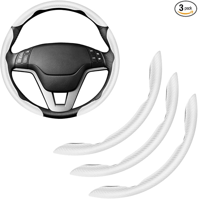 Amiss 3pcs Carbon Fiber Anti-Skid Steering Wheel Cover, Waterproof & Segmented Butterfly Design, Universal 99% Vehicle Wheel Cover Protector, Car Interior Accessories (White-3pcs)