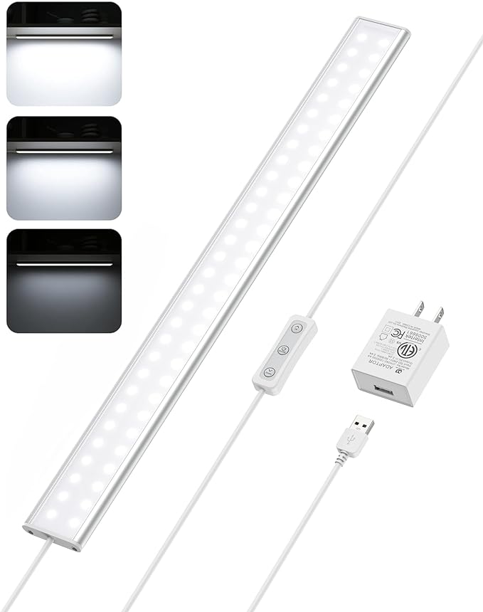 ASOKO Under Cabinet LED Light Strip 16" Dimmable Kitchen Lamp | ASOKO 16" Under Cabinet LED Light, Dimmable 6000K Plug in Closet Counter Light with Memory, Kitchen Desk