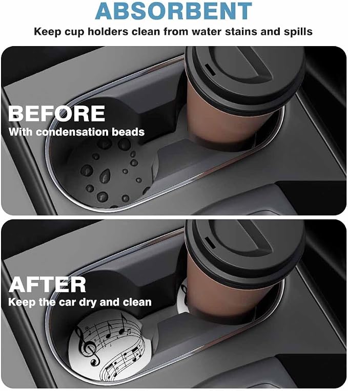 Music Notes Car Cup Holder Coaster 2 Pack Absorbent Ceramic Car Coasters for Cup Holders Car Accessories Interior for Women Men Universal Anti Slip Cork Base Cup Coasters with Finger Notch