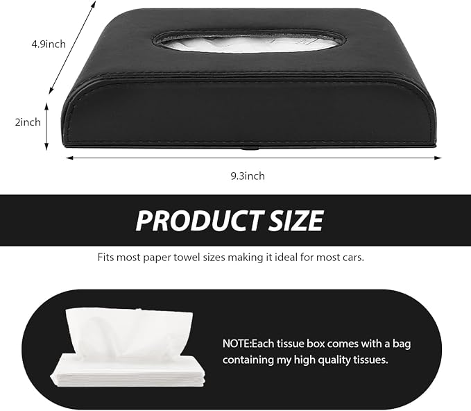 Car Tissue Holder, Rectangular Leather Sun Visor Napkin Case with Tissue Refill, Universal Mask Dispenser Hanging Paper Towel Organizer for Most Vehicles, Car Accessories (Black)