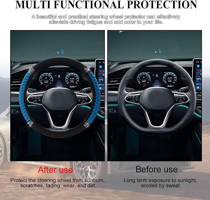 Bling Soft Leather Steering Wheel Cover, 15 Inch Colorful Rhinestones Auto Elastic Steering Wheel Protector for Women Girls, Car Accessories Anti Slip Steering Wheel Cover for Cars, SUVs (Blue)
