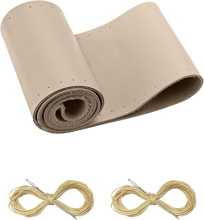 BELINOUS Leather Steering Wheel Cover Lace Up, Stitch on Steering Wheel Wrap, Universal Fit 13-20 Inch Car Truck Pickup Boat, A Whole Piece of Cowhide, DIY w/Needle Thread (Size S5, Light Beige)