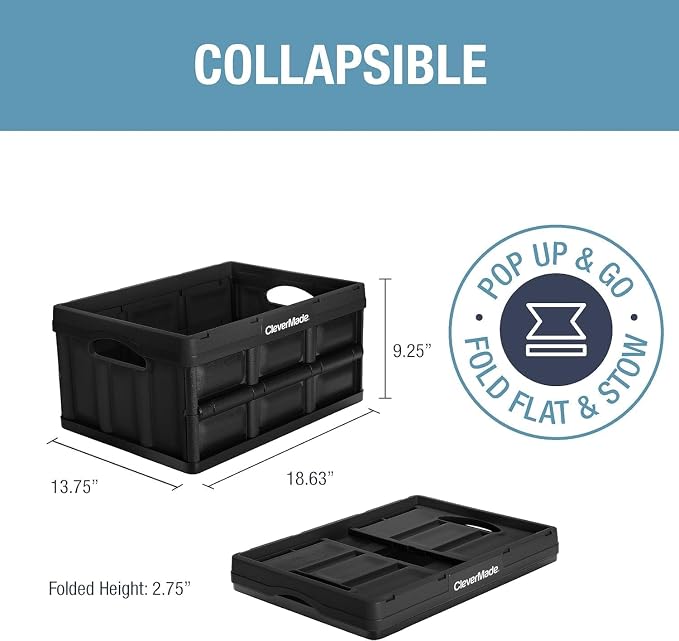 CleverMade Collapsible Storage Bins, 32L 3 Pack, Durable Plastic, Ocean | Built-in handles simplify garage, car and household organization, while the roomy open-top keeps bulky supplies accessible