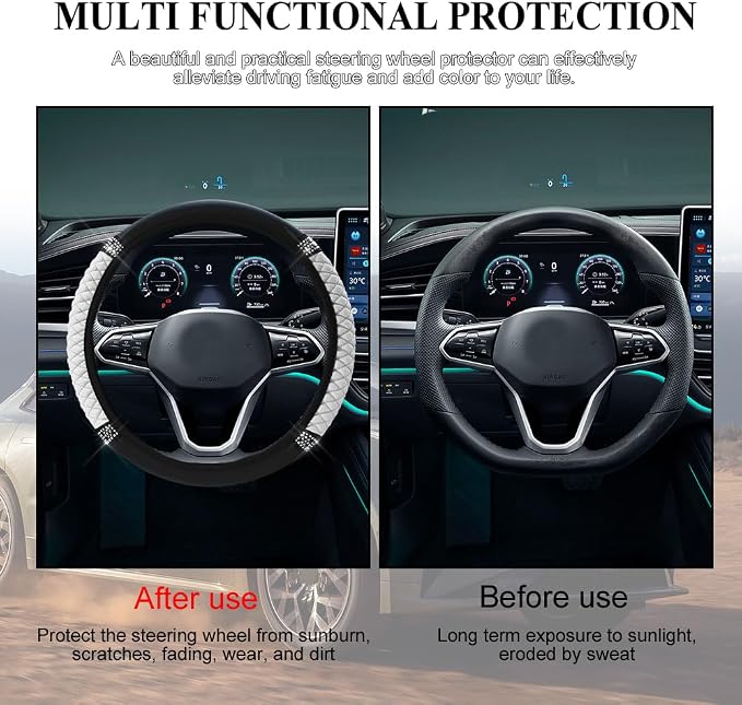 Bling Soft Leather Steering Wheel Cover, 15 Inch Colorful Rhinestones Auto Elastic Steering Wheel Protector for Women Girls, Car Accessories Anti Slip Steering Wheel Cover for Cars, SUVs (White)