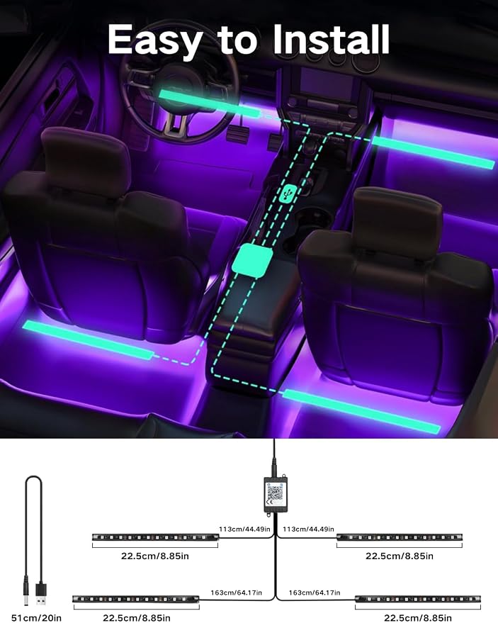 YUGUANG 4Pcs Car Interior Lights, USB LED Lights for Car with App Control Multicolor Music Sync DIY Light Mode, RGB Car Inside Ambient Lighting Kit