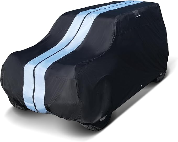 iCarCover Premium Plus SUV Car Cover Waterproof All Weather Rain Snow UV Sun Protection, Venue, Kia Soul, XB, Defender 90, Tracker 4-Door, Samurai, Size S59 (See Size Chart) Stripe - Black/Gray