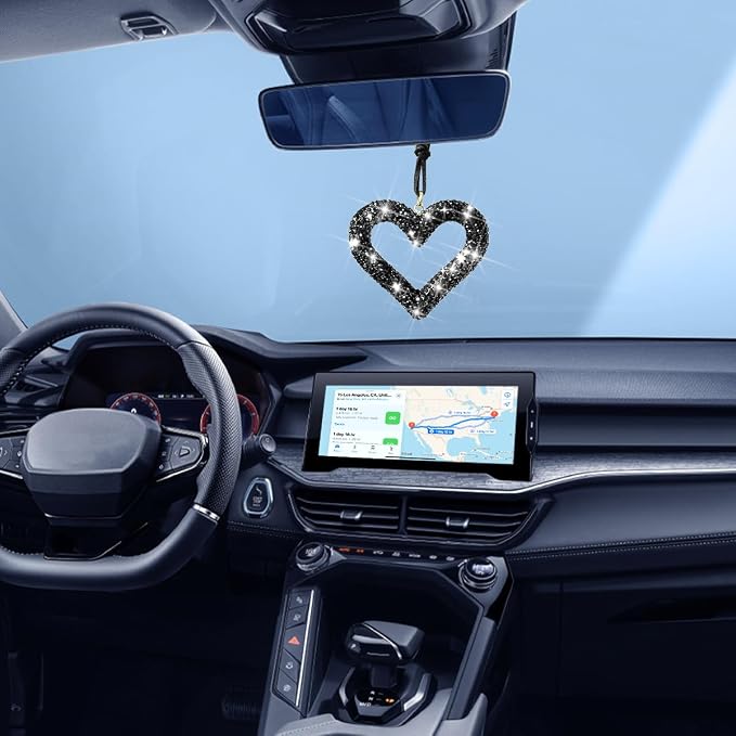 Mandark Bling Heart Car Hanging Accessories, Crystal Rhinestone Vehicle Rear View Mirror Charm Pendant Ornaments, Cute Diamond Auto Interior Hanger Decoration for Women Girls（Black）