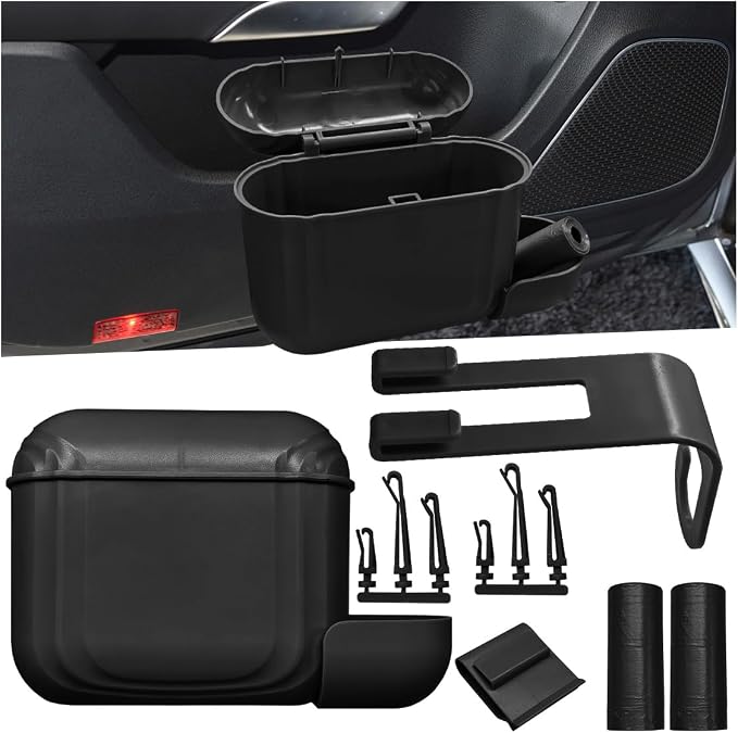 Car Trash Can with Lid, Hanging Leakproof Vehicle Garbage Bin, Auto Back Seat Organizer Dustbin with 2 Rolls of Trash Bags, Versatile Storage Accessory for Car Air Vent, Side Door (Black)