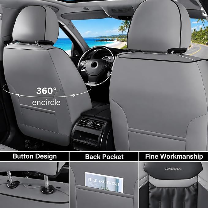 Coverado Seat Covers Full Set, Car Seat Covers 5 Seats, Front and Back Car Seat Protector, Automotive Seat Covers Fit for Most Sedans SUV Pick-ups Trucks, Gray&Black