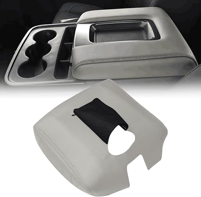 SecosAutoparts Light Gray Leather Center Console Leather Lid Armrest Cover Replacement Compatible with Chevy Silverado 2014-2018 Compatible with GMC Sierra 2014 2015 2016 2017 2018
