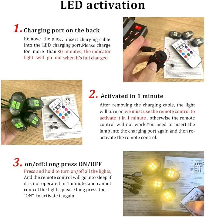 Upgraded 4PCS Mini Car Wireless LED Strobe Lights with Remote Control Wireless LED Lights for Car Motorcycle Bicycle Bike USB Rechargeable 8-Color Car Ambient Lighting Car Led Lights Interior